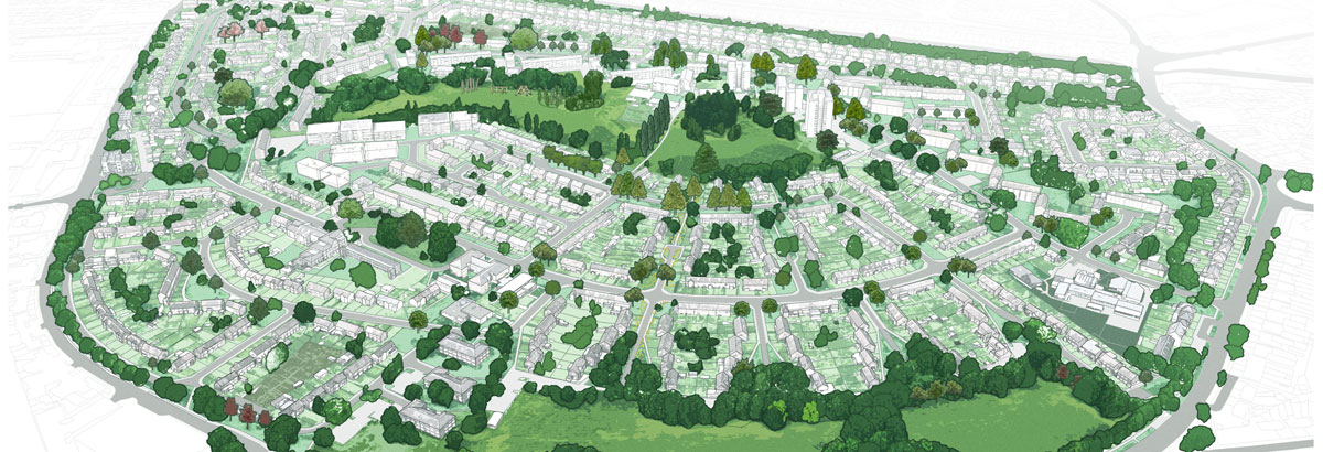 An architect style drawing of the estate showing building & tree placement